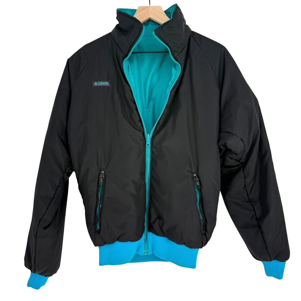 Vintage 90s Columbia Reversible Bomber Jacket Teal Black Zip Mens M